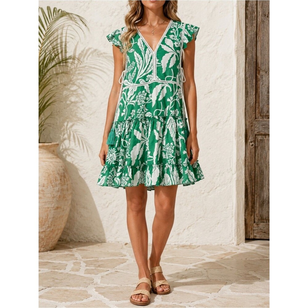 Z&L Europe Green White Floral Print Boho Mini Dress Tassel Tie Cotton Sz Medium